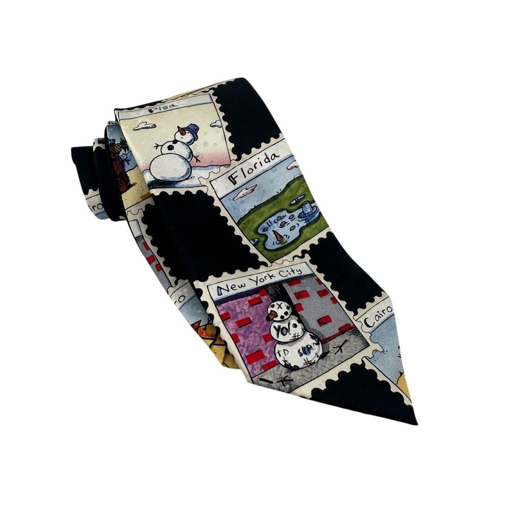 American Greetings Novelty Silk Tie Travel Snowman Cities USA Made
